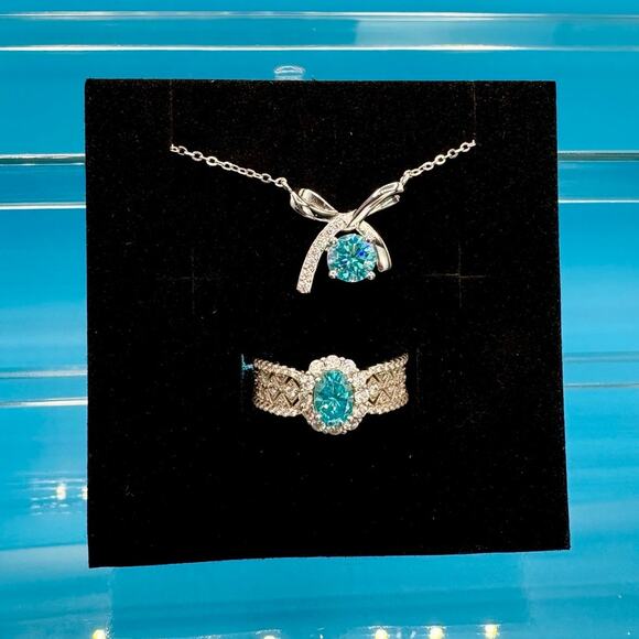 None and/or Unknown Jewelry - NEW Aquamarine Moissanite Ring & Necklace in PT950 & AU750
